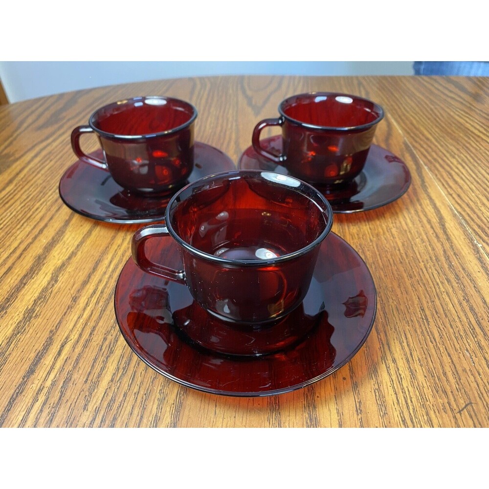 (3) Royal Ruby Red Glass Arcoroc France Coffee Punch Tea Cup & Saucer Sets
